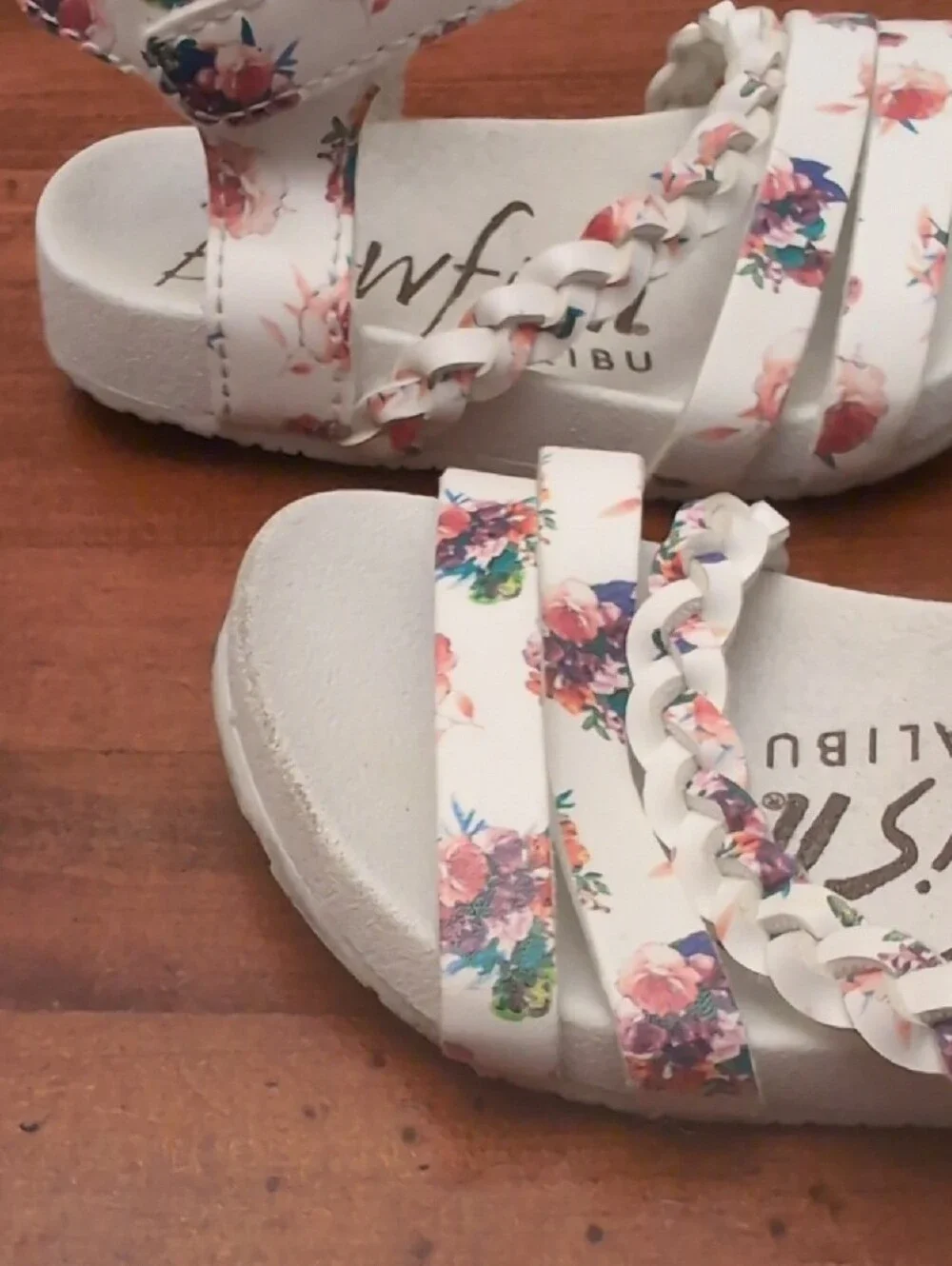 Blowfish Toddler White Sandals with Pink & Blue Floral Print